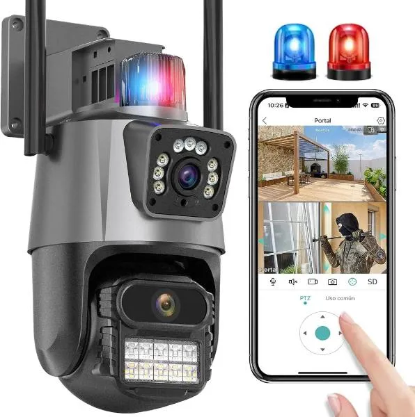 📹 Cámara de Seguridad WiFi Doble Lente con Sirena Policial